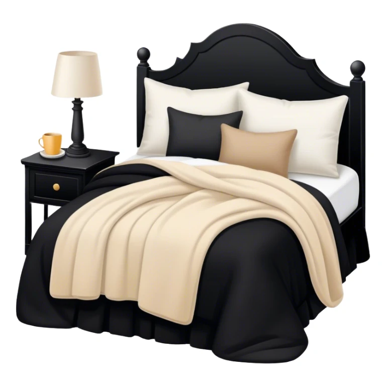 Black bed with pillows and blankets, cozy vibe white and beige sticker
