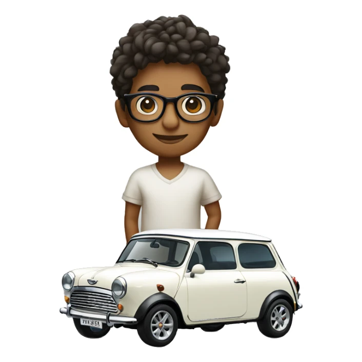 slender indian boy with glasses on shorts standing next to a classic white mini cooper sticker