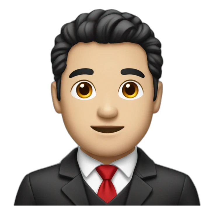 Boss, white skin, black hair, brown eyes, black jacket with red tie. happy sticker