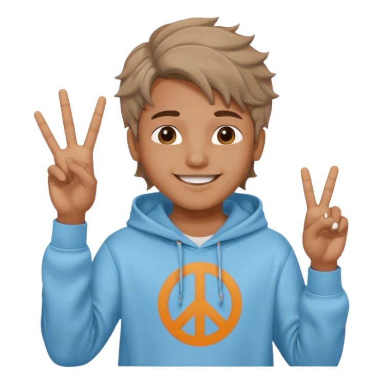 An indian boy in a light blue hoodie with wavy flow hairstyle showing peace sign sticker