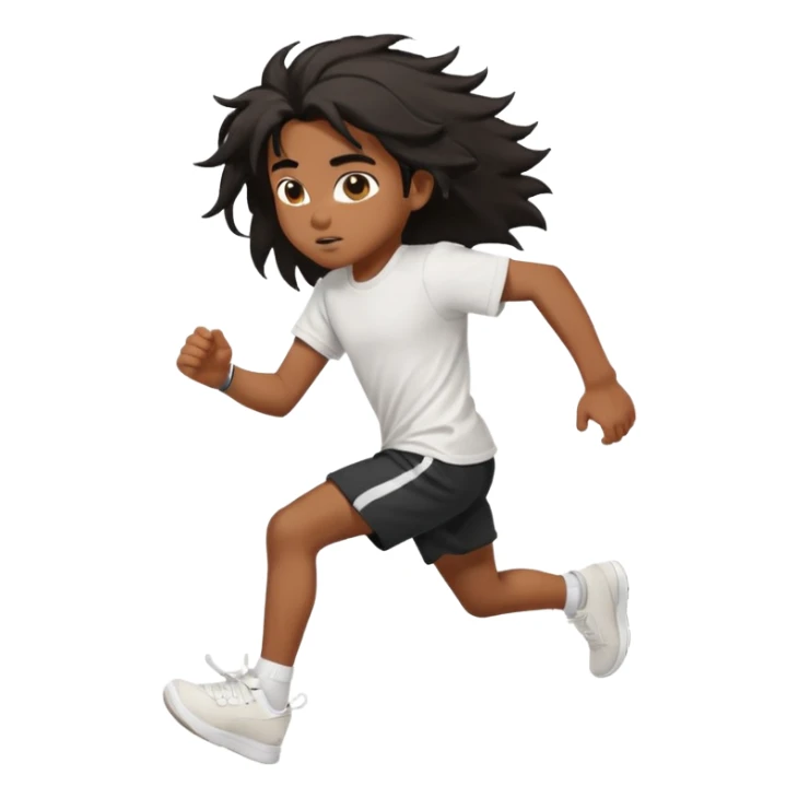 generate a pretty bratz brown skinned boy with black messy long hair wearing a white tshirt and black running shorts. running on the street with white sneakers sticker