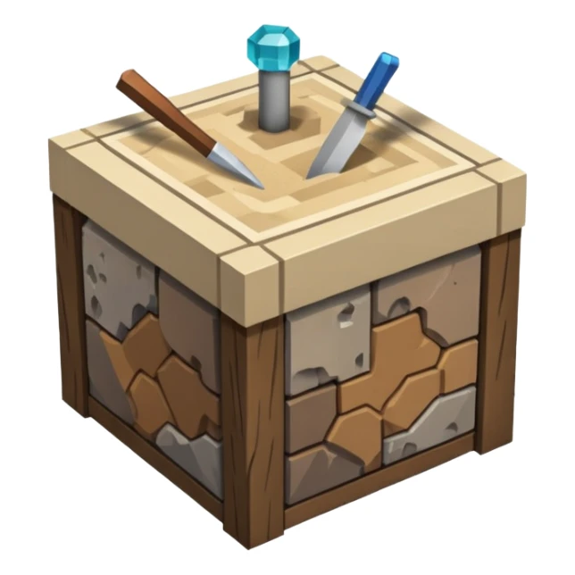 crafting table with tools, stone, wood, glass, sand, ... like a minecraft style cube crafting table  sticker