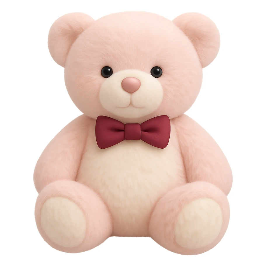 Add a bow tie to the teddy bear, keeping the pink and white fur, flat lighting, no shadows or background, soft plush look, maintain transparency. The style should reflect a soft plush teddy bear with flat lighting and no shadows, isolated on a transparent background. sticker