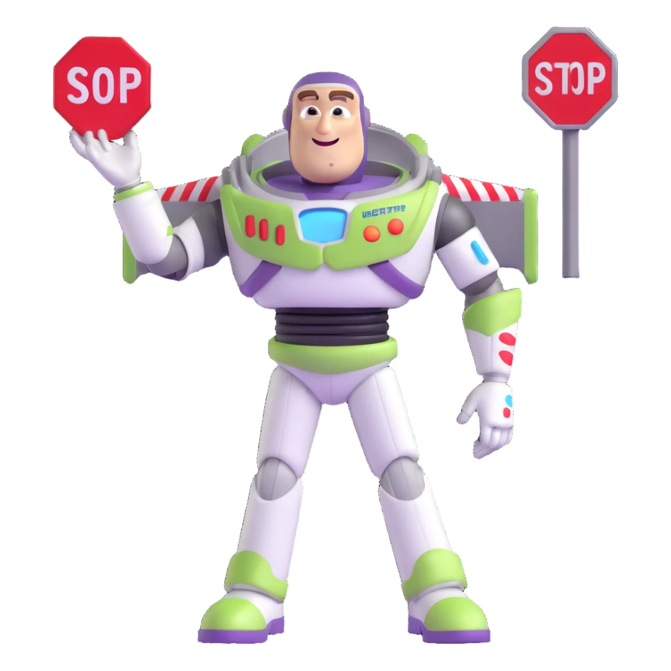 Buzz Lightyear character with a red stop sign above him sticker