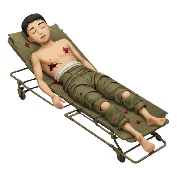 wounded man of oriental appearance, dressed in torn clothes, full length, with closed eyes, head lying on stretcher, in prone position, with injuries on black military stretcher, 1980 sticker