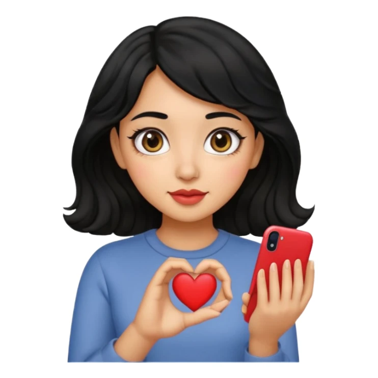 chica de cabello negro, corto y ondulado, haciendo un corazón con la mano, estilo emoji de iPhone, ojos grandes sticker