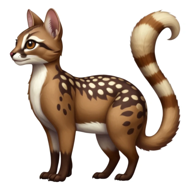Colorful dark realistic chocolate-brown tropical beige fur glorious divine exotic cute cool beautiful shiny beautiful fantasy-caracal-civet-genet-sergal-vernid-Cacomistle-oncilla-animal-hybrid-fursona with white deer-spots pattern markings (full body) sticker