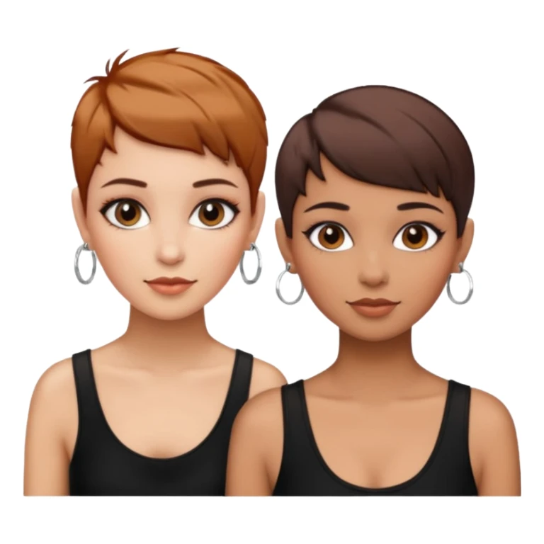 Puerto Rican fair skin straight brown pixie cut hair with hoop earrings make up and my best friend caramel colored pixie cut with jewelry and makeup on her face besties side-by-side wearing black  sticker