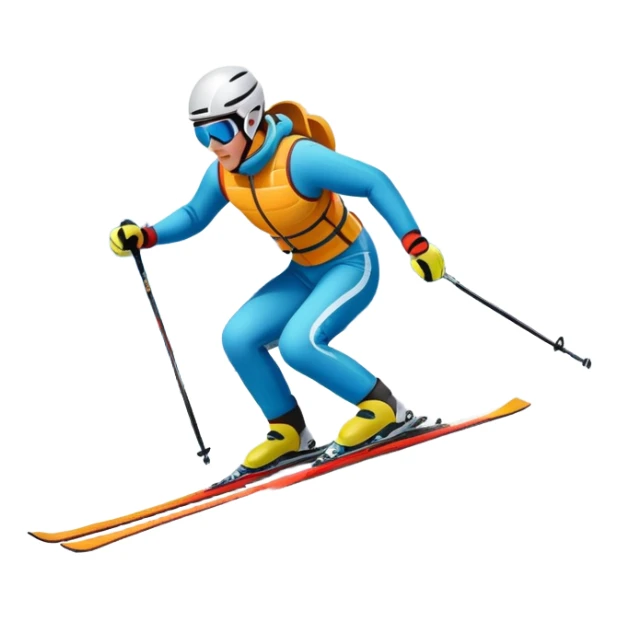 An icon featuring a skier racing down a snow-covered slope, surrounded by snowy peaks and pine trees. The design includes ski poles, bright winter gear, and dynamic motion lines, capturing the thrill and speed of alpine skiing. Transparent background sticker