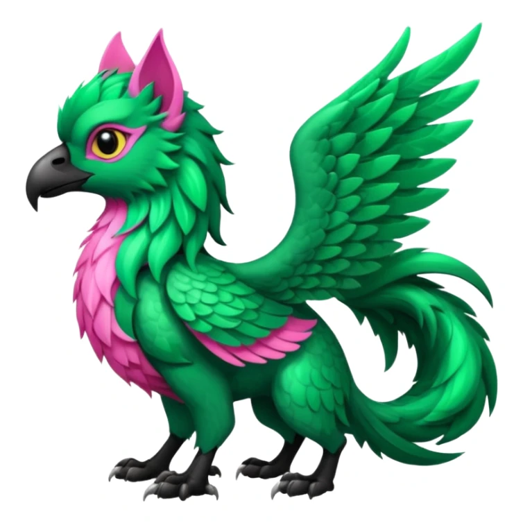Emerald-green gryphon with a long tufted tail, black beak, pink swirly pattern markings, black claws, black tail, majestic, realistic, furry (full body) sticker