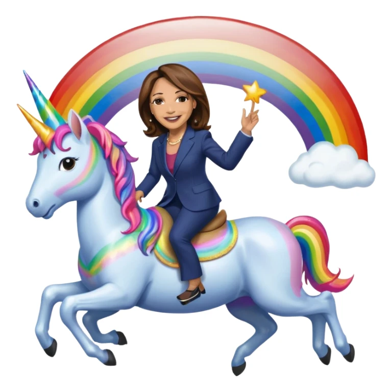 Kamala Harris and donald trump riding a rainbow unicorn sticker