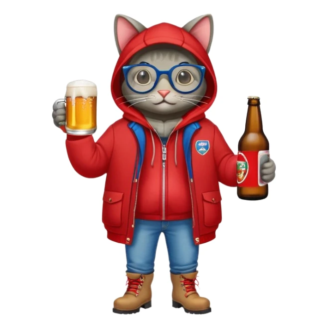 Catfish in a red winter jacket with hood, wearing round glasses, blue jeans, red boots, holding a beer can with a red label sticker