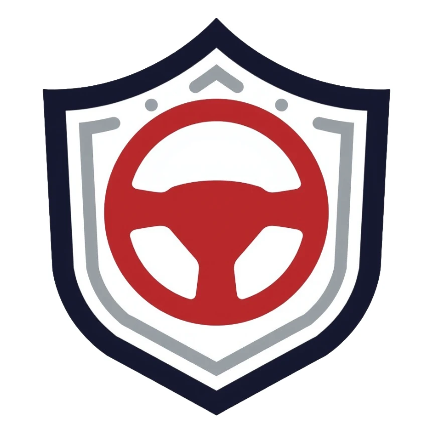 a steering wheel inside of a shield representing safe driving sticker