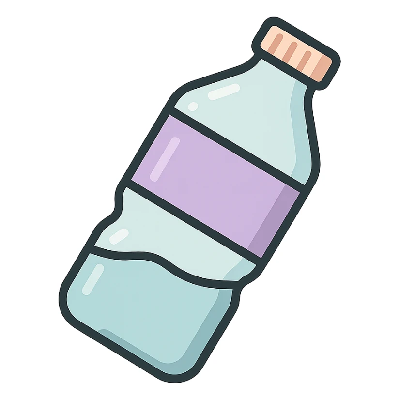 classic water bottle with label, icon-color-outlined style, Chinese eastern style, thin clean contours, soft rounded shapes, pastel palette #98B5BC, #B5B3C1, #C9A3C9, #E4C0CA, #F7DCD1, #F7C0AA, detailed shadows and highlights, soft lighting, transparent background, no decoration, angled view sticker