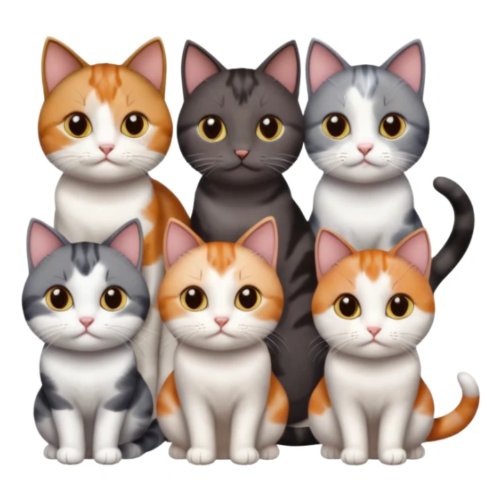 5 different coloured short haired cats including; a dark brown and white cat, and a dark grey and white, and a calico sticker