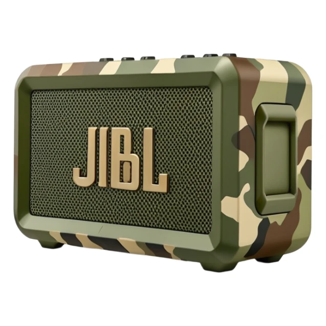 JBL Go 4 speaker in army camouflage print, minimal design aesthetic, compact speaker with simplified details, military pattern sticker
