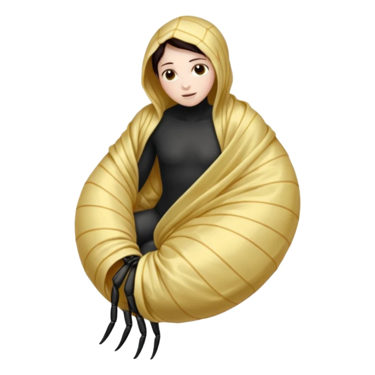 A full body image of a a human-shaped cocoon wrapped in spider silk.
The rounded, segmented wrapping this is meant to be a web-wrapped human body sticker