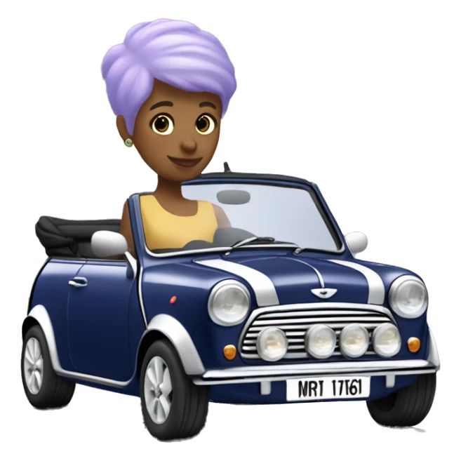 navy blue convertible Mini Cooper, with short, lilac colored haired woman driving - update woman to fair skinned sticker