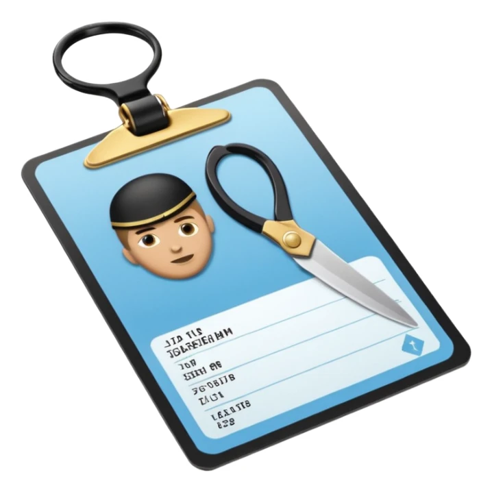 Floating black Scissors cutting in half a light blue idf soldier ID card with golden chip in 2 parts .hyper realistic sticker