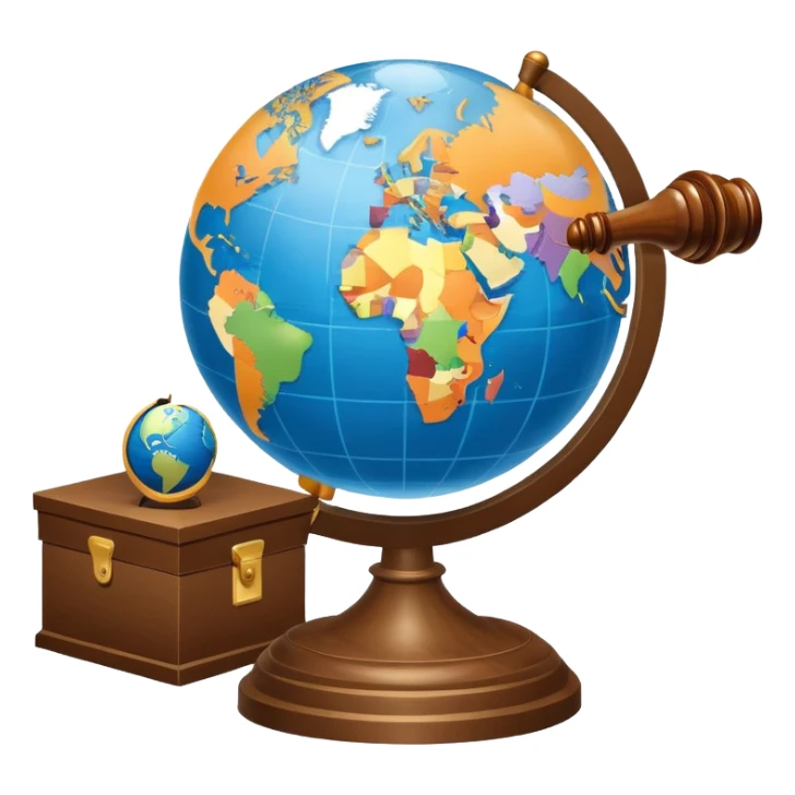 An icon featuring a globe with a gavel and a political map, symbolizing political science. The design includes a ballot box and a podium, representing democracy and governance. Transparent background highlights the study of political systems and global relations. sticker