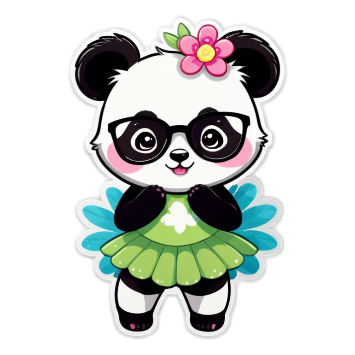Cute female Panda wearing a tutu and glasses with a flower above 1 ear sticker
