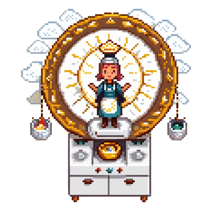 A divine baker surrounded by floating utensils, radiant ingredients, and a halo of light. The oven levitates, powered by pure energy. UI resembles clouds, golden rays, and ethereal scrolls—like a heavenly recipe interface. sticker