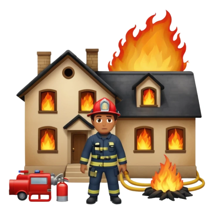 sad man standing with a house on fire behind him, firefighters trying to put out the fire, apple style emoji sticker