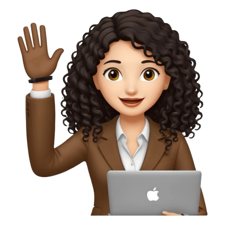 medium deep tan brown business woman with long black curly hair, waving hand with happy face and holding a laptop sticker