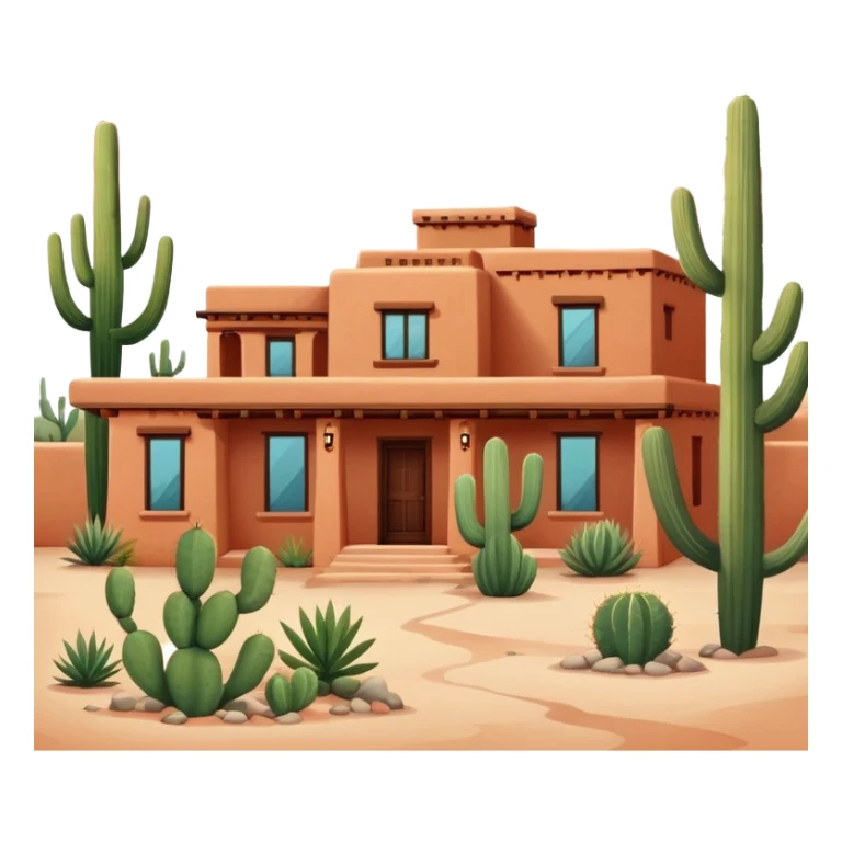 Tucson style house with adobe walls, flat roof, southwestern architecture, desert landscaping, cactus sticker