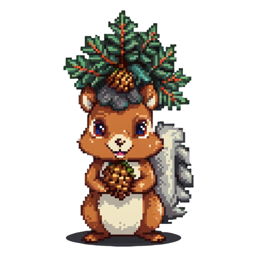 A greedy squirrel with a large pine cone balanced on its head, with a weird facial expression and wide eyes sticker