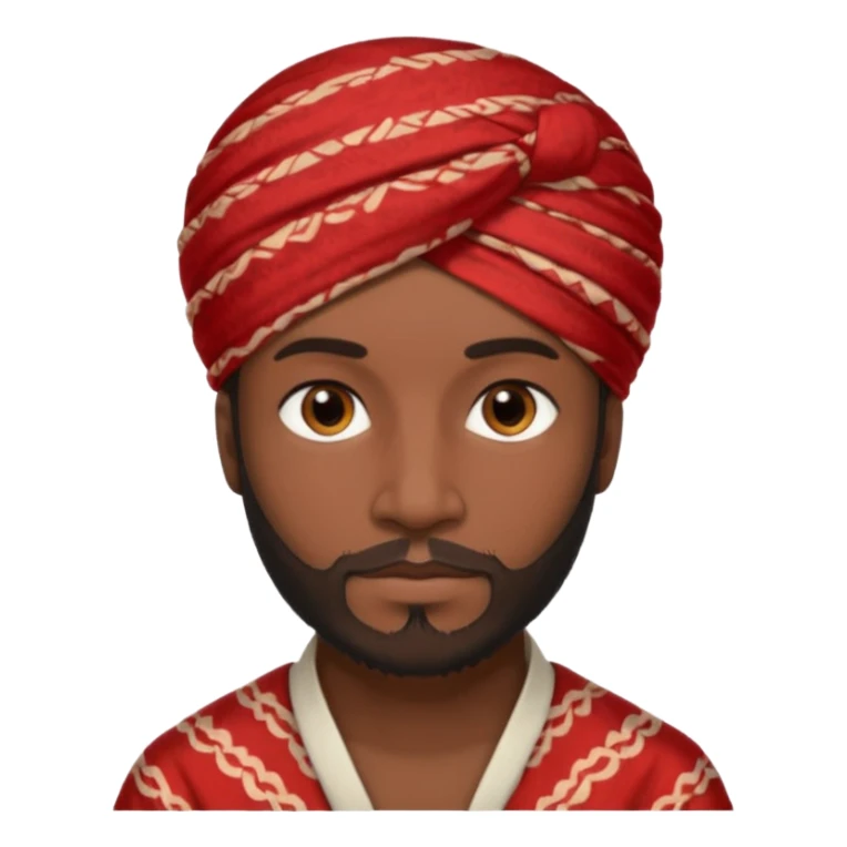 A dark-skinned man with brown eyes, a short beard, and a calm look, wearing a red patterned turban. sticker