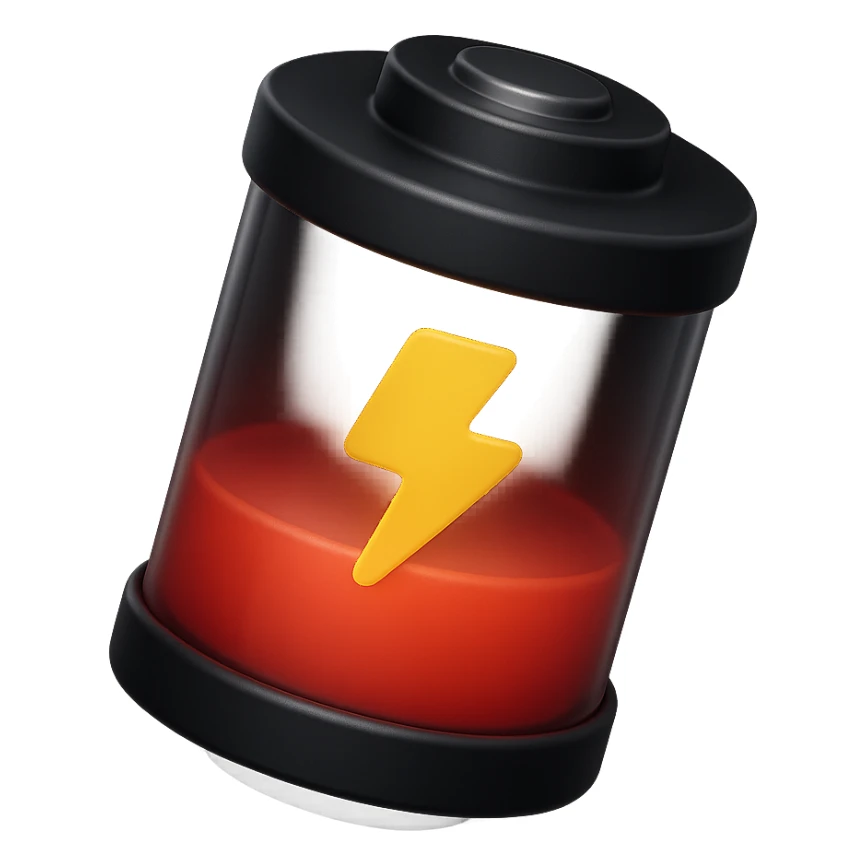 Realistic 3D cylindrical battery with half red level, inspired by the reference image, intense lighting, yellow lightning symbol, glossy details, isolated on white background. sticker