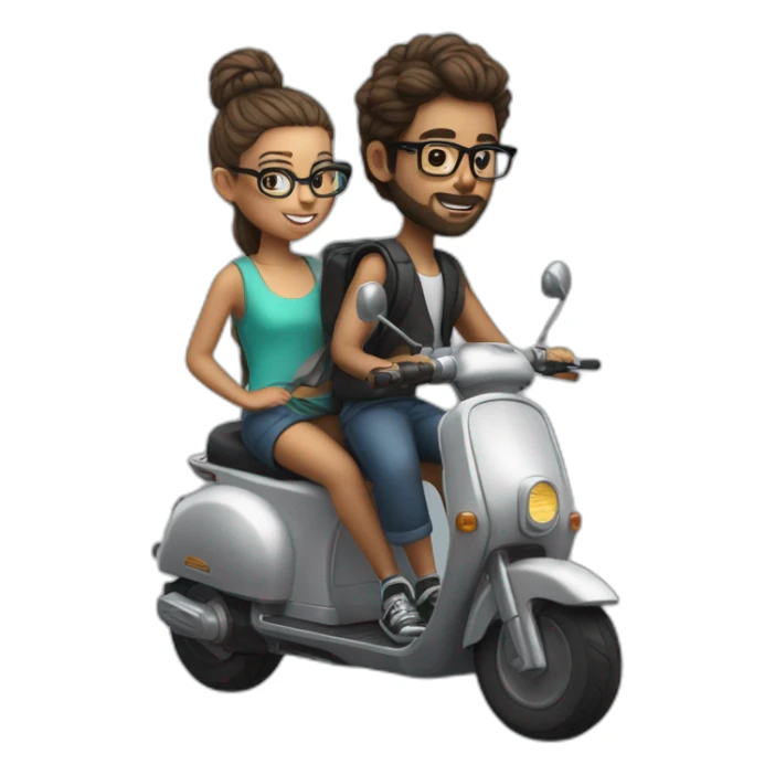 hyper realistic boy with long hair tied in a bun, beard, and glasses, riding a black scooter with a girl on the back sticker