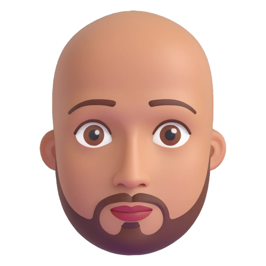 Bald man with smooth oval head, medium-dark reddish skin tone (moreno jambo), indigenous facial features, with sparse thin goatee beard only on chin, memoji style sticker