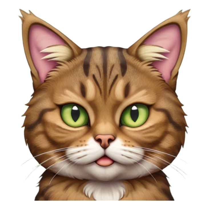 Cinematic Meme-Worthy Grumpy Brown Tabby Cat Portrait Emoji, Head held high but eyes filled with dramatic disappointment, fluffy brown fur with striking tabby markings, signature M-shaped forehead furrowed into an unmistakable scowl, large ears slightly angled back in disapproval, piercing golden-green eyes glaring with pure exasperation, Simplified yet hilariously over-exaggerated features, highly detailed, glowing with an aura of supreme annoyance, high shine, exhausted yet judgmental, stylized with an almost regal pettiness, bright but brooding, soft glowing outline, capturing the essence of a feline that has seen it all and is thoroughly unimpressed, so meme-worthy it feels like it could instantly become the next viral sensation of grumpiness! sticker