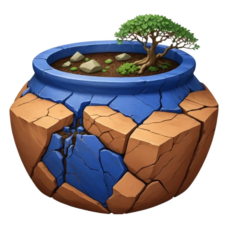 Aged two toned lapis blue terracotta Roots Stoneware akadama moss on soil irregular angular Stone Age rocks cracked crags and broken rough edges forming a very shallow Yixing pot sticker