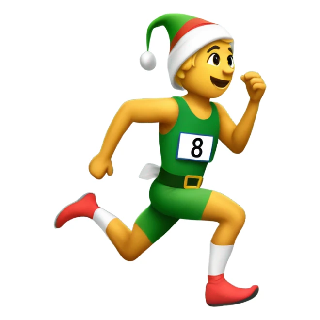 Elf running a marathon with a running bib on with the number 8 sticker
