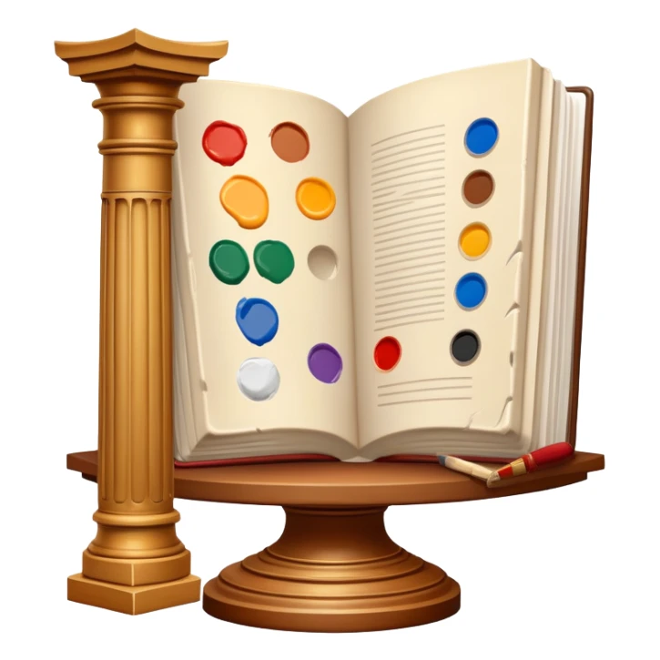 An icon featuring a paint palette, a sculpture, and a book, symbolizing the study of culture and art. The design includes a classical column and a canvas, representing art history and cultural exploration. Transparent background highlights the connection between creativity and history. sticker