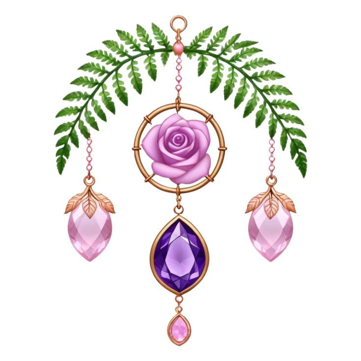 Hanging suncatcher, threads with shiny sparkly amethyst and rose-quartz gemstones, roses, fern-leaves  sticker