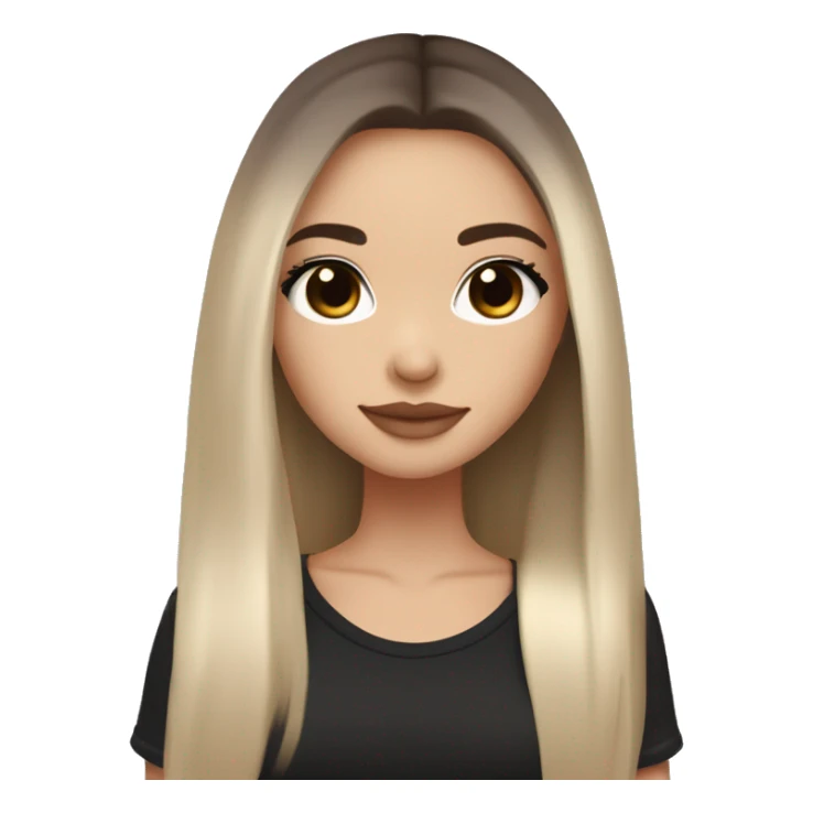 Slavic girl, light skin, long eye lashes, pink beige lips, brown eyes, long black-to-blonde ombre straight hair, black T-shirt, chibi, smiling. sticker