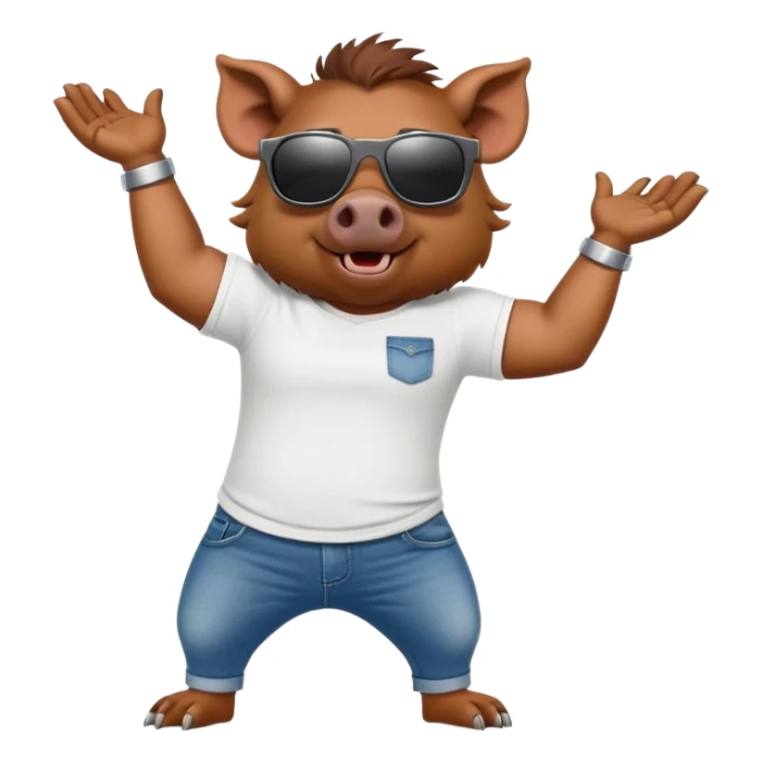 friendly anthropomorphised boar in jeans and a t-shirt, wearing dark sunglasses, stretching pose sticker