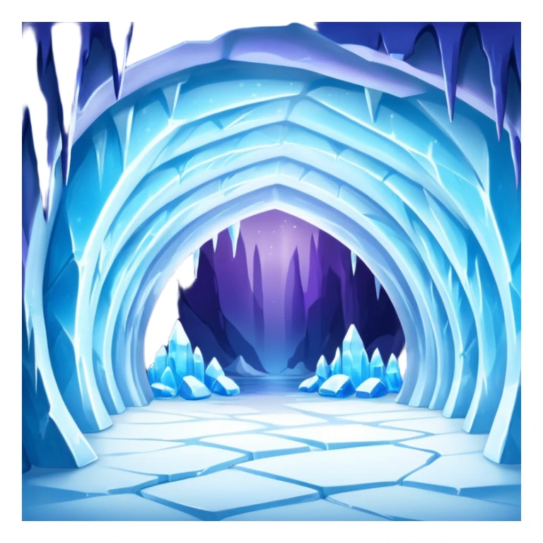 A breathtaking ice cave glowing with blue light, featuring smooth, curved walls made entirely of translucent ice. The interior reflects shimmering shades of blue and purple, with natural light filtering through the frozen surface. Realistic detail, cinematic lighting. sticker