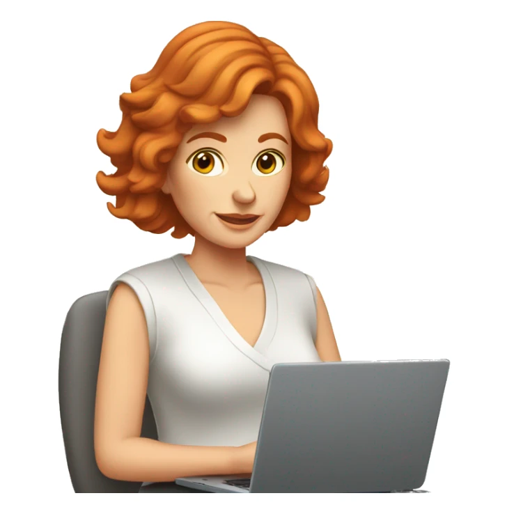 red headed older lady with shoulder length hair using laptop sticker