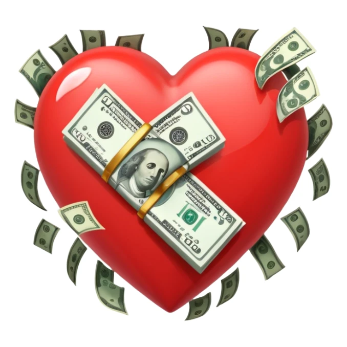 Money filling broken heart sticker