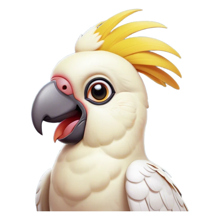 Cinematic Comical Cockatoo Portrait Emoji, Head tilted dramatically with an exaggeratedly shocked expression, featuring a striking, crest-adorned head with wide, comically expressive eyes full of playful disbelief and a vibrant, animated beak, Simplified yet hilariously expressive features, highly detailed, glowing with a slightly sassy tropical glow, high shine, dramatic yet playful, stylized with an air of cheeky avian mischief, soft glowing outline, capturing the essence of a meme-worthy cockatoo that looks ready to squawk its way into viral fame! sticker