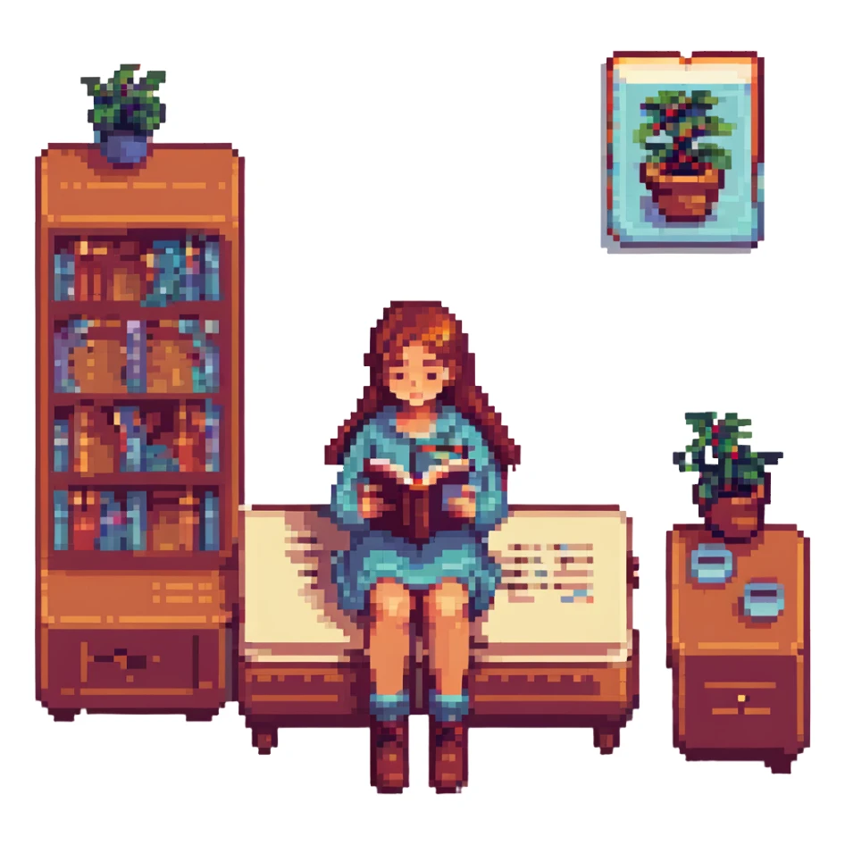 girl reading a book, pixel art style, retro video game aesthetic sticker
