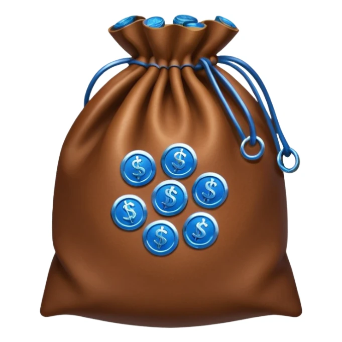 brown money bag with blue coins inside sticker