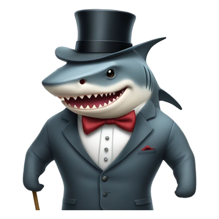 Bull shark standing up wearing 3 piece suit with top hat and cane sticker
