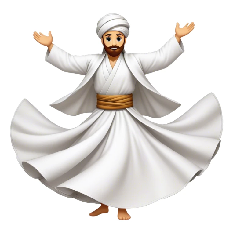 Cinematic Realistic Whirling Dervish Dance Emoji, depicted as a mesmerizing traditional Sufi dance scene with flowing robes and dynamic movement, rendered with vibrant textures and swirling mystical lighting that captures its spiritual energy. sticker