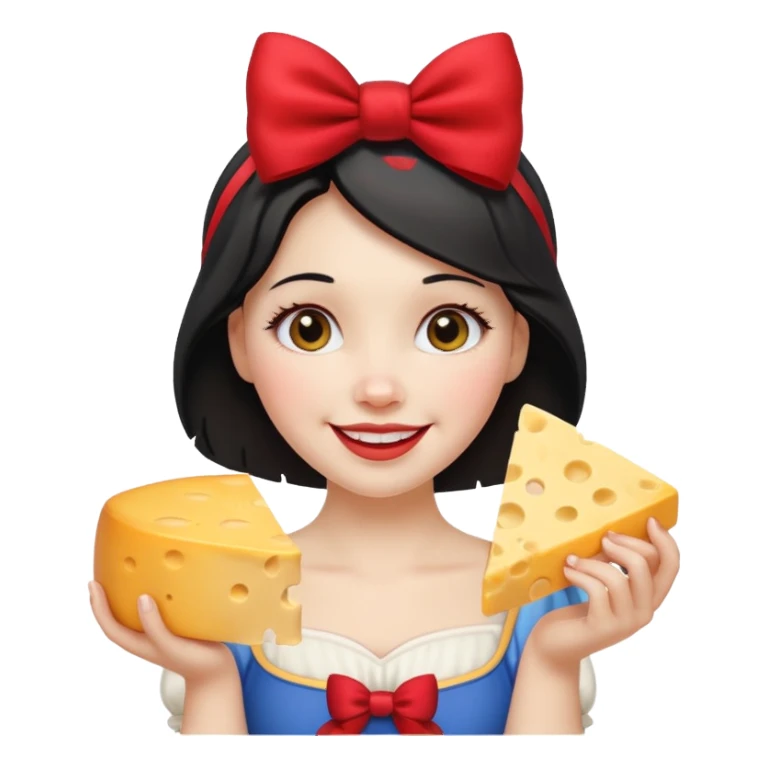  smiling Snow White with red bow ob head holding wedge of cheese sticker